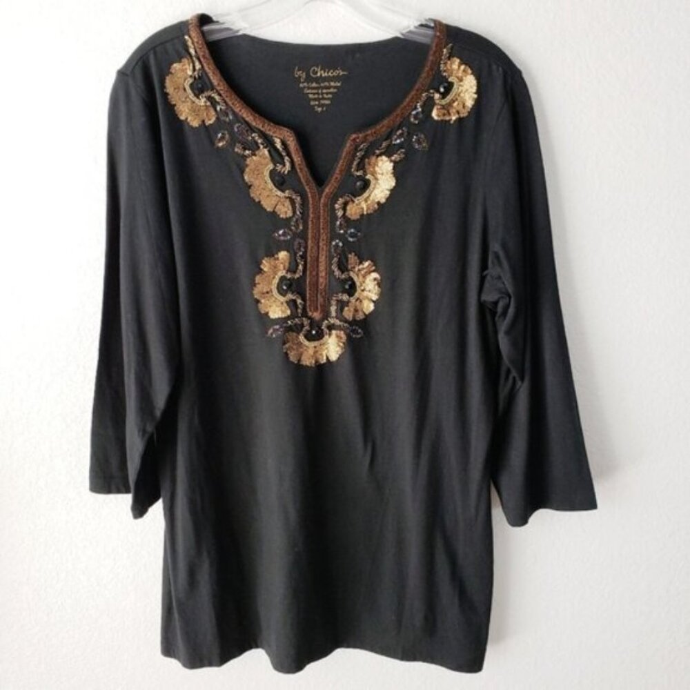 Chico's Black Blouse with Gold Sequin Embellishment